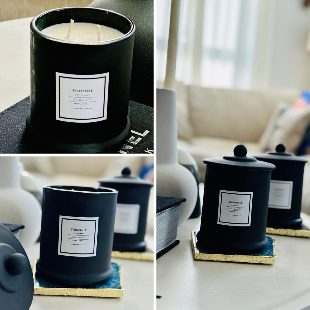 The Naomi luxury scented candle is a beautifully handcrafted black glass jar and a complimentary glass lid. 